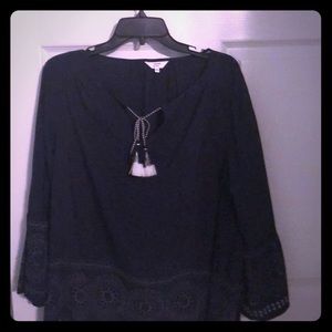 Navy smocked top with bell sleeves